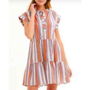 Marie Oliver Lachlan Silk Tiered Mini Dress in Rust Orange Stripe LARGE